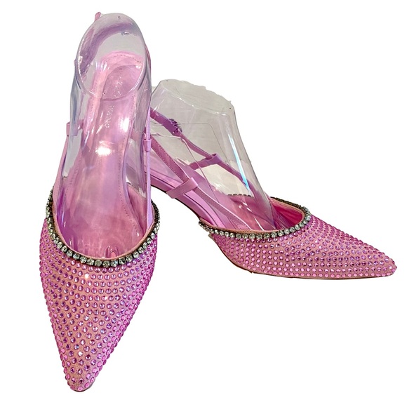 Azelea Wang Sorrel-Pink Rhinestone Slingback Kitten Heeled Pumps Size 10 - Picture 4 of 14